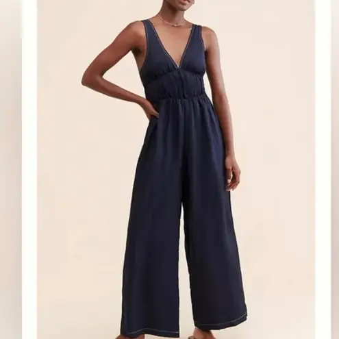 Anthropologie  Sancia Oda Satin Jumpsuit in Midnight Navy Blue Size Small