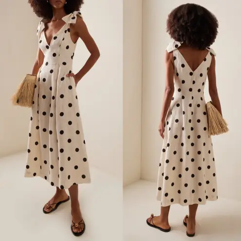 Zimmermann Crush Polka Dot Linen Midi Dress Cream Black US 12 AU 4 NWT