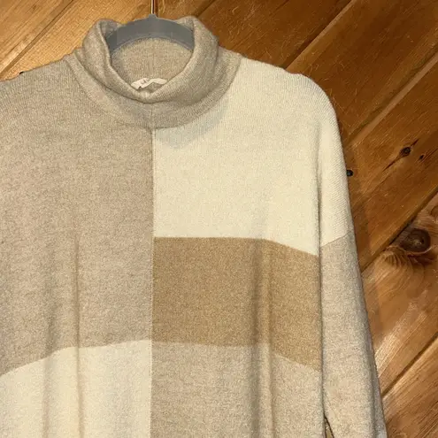 Soft Surroundings cream tan colorblock mock neck wool blend sweater
