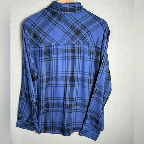 We Wore What Women’s Boyfriend Plaid Button Up Shirt in Black and Blue Relaxed Fit