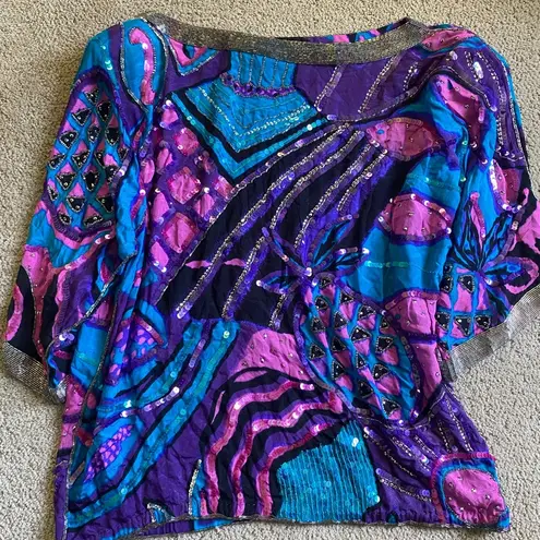Authentic Vintage Lillie Rubin silk sequin beaded geometric abstract blouse 1980 Purple