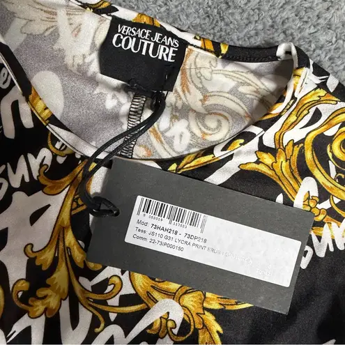 NEW Versace Jeans Couture Long Sleeve Black and Gold Baroque Bodysuit Size US 6