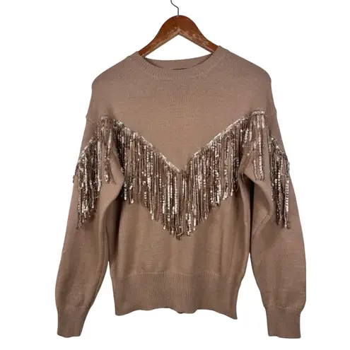 Fate Women's Size Small Tan Sequin Fringe Crewneck Long Sleeve Sweater