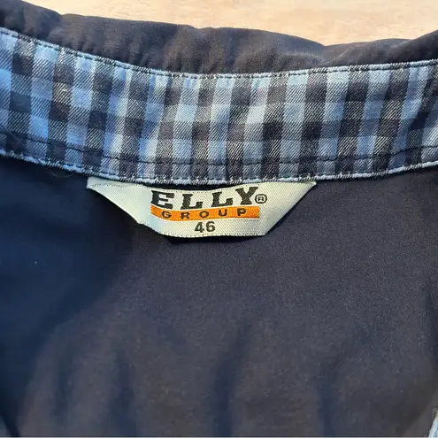 Elly navy blue short sleeve button down top blue gingham accents size 46 (L) Size L