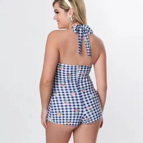Unique Vintage Navy Gingham Floral Halter Tie Romper Style Swimsuit Sz.S/4 NWT