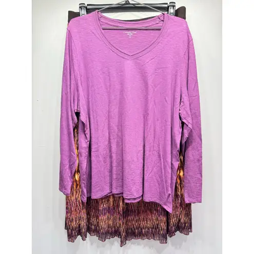 Coldwater Creek 2 Piece Set Lavender Cotton Long Sleeve Top & Pleated Boho Ikat Maxi Skirt