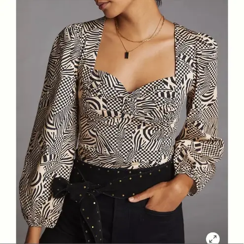 Farm Rio NWT + Anthropologie Puff-Sleeved Sweetheart Blouse Top in Black / Cream