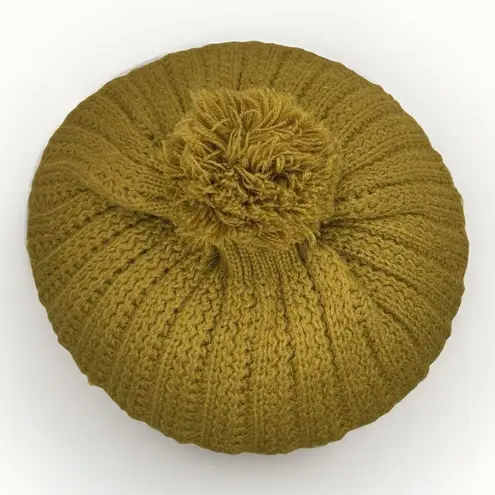 Vintage Chunky Knit Acrylic Beret Beanie Hat Made In Taiwan Pom Pom Yellow