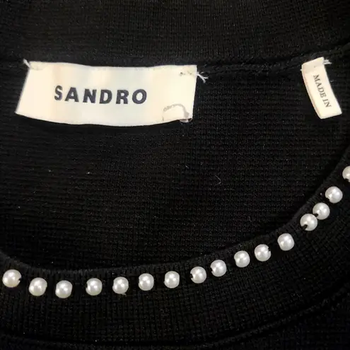 Sandro Sleeveless Faux Pearl Embellished Knit Round Neck Black Crop Top Size 1