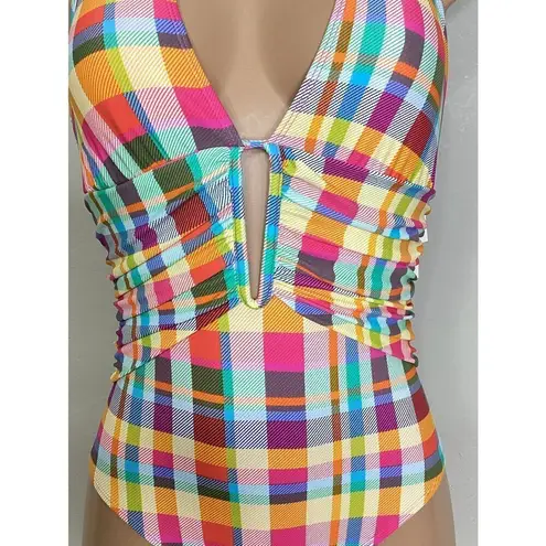 New. Plunge neck plaid swimsuit. Size 12. Regularly $89 Pink