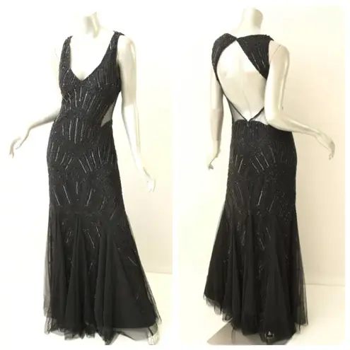 Adrianna Papell Black Long Beaded Illusion Gown