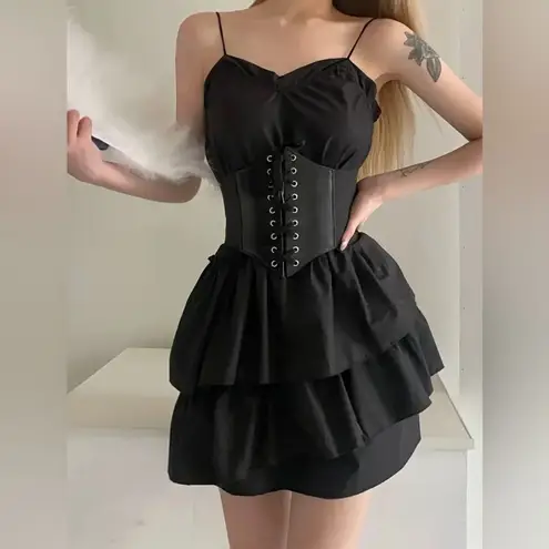 Vintage Style Lace Up Faux Leather Elastic Girdle Black Casual Wide Waistband