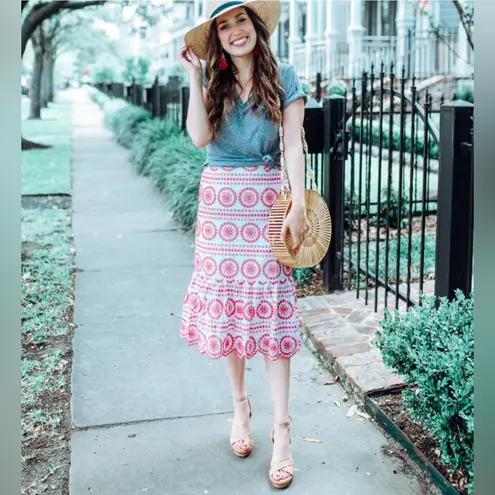 Boden Broderie Embroidered Scalloped Lined Hem Midi Skirt Red White Size 2P