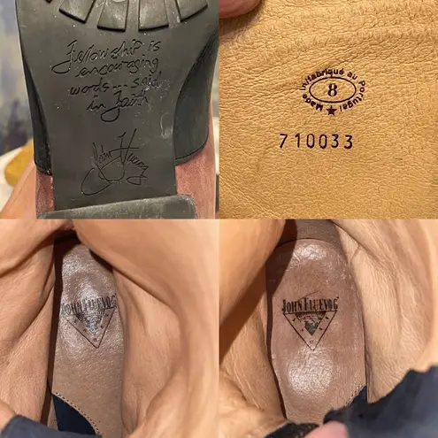 John Fluevog Encourage Kathryn Leather Tall Boots Black Burgundy Yellow 8 GUC