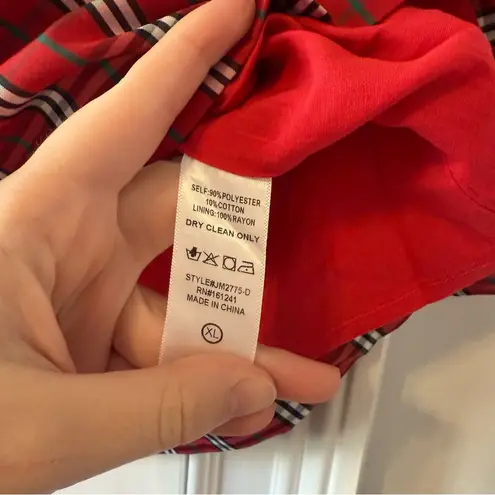 NWT J. Marie Rayna Embroidered Red Plaid Cap Sleeve Ruffle Neck Top Size XL