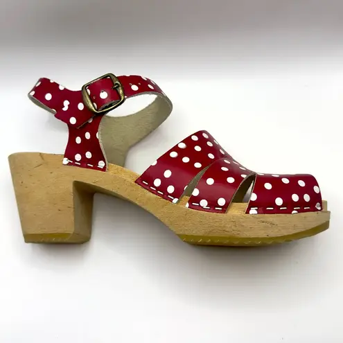 Red & White Polka Dot Wooden Clogs Heels Sandals Peep Toe Leather Womens 8.5 39