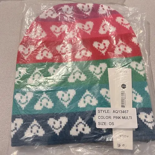 Aqua x Kerri Rosenthal Multicolor Heart Beanie/Hat FUN! One Size, Pink Multi NWT