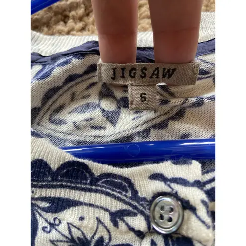 Jigsaw White Allover Navy Blue Floral Geometric Button Front Cardigan Sweater