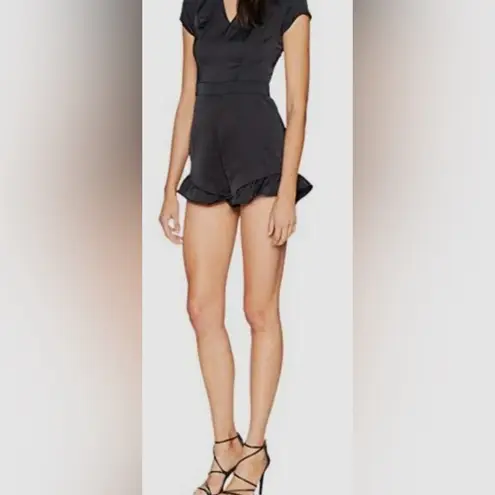 Bebe ‎ Ruffle Hem V-Neck Short Sleeve Stretch Satin Romper Jet Black Size 4