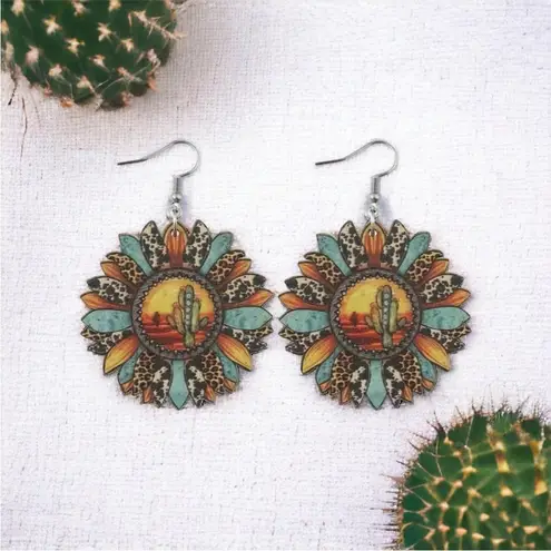 Sunflower shaped pendant drop‎ leopard pattern wooden hook earrings