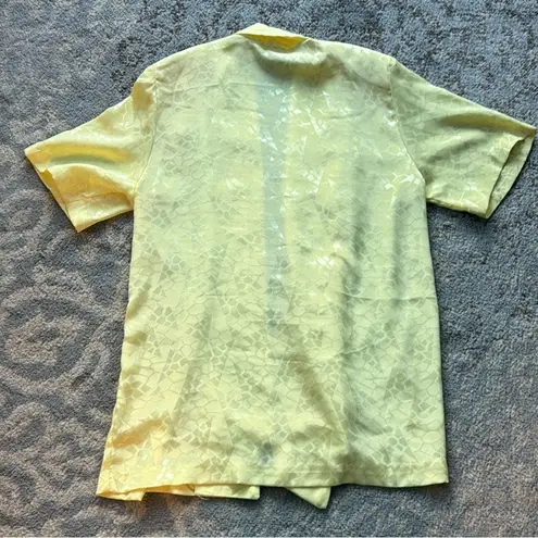 Vintage Satin Short Sleeve Cardigan Geometric Pattern Yellow Medium