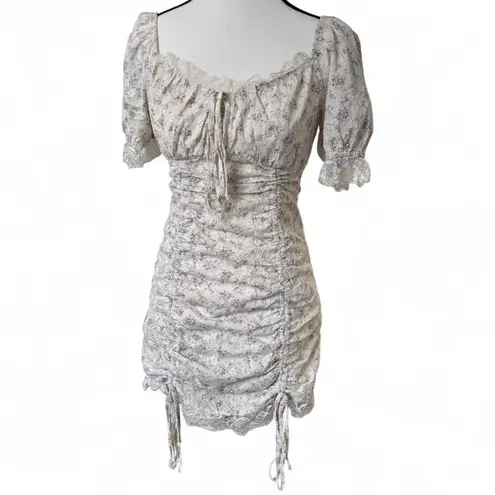 GIRLY RUFFLE LACE FLORAL MILK MADE RUCHED TIE UP DRESS SMALL. White