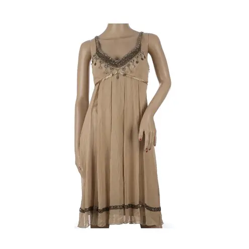 Vintage 90s Sue Wong Nocturne 100% Silk Beaded Dress Size 10 Tan