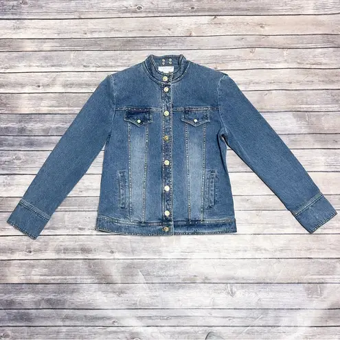 St. John Sport Denim Medium Wash Rhinestones Gold Monogram Buttons Jacket Small