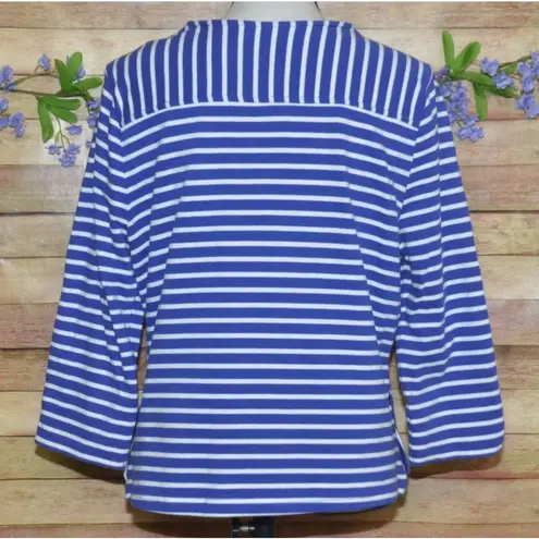 C Wonder Ladies Blue Nautical Striped 3/4 Sleeve Full Zip Cotton Knit Jacket 12