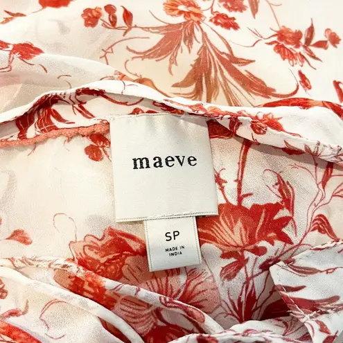 Maeve Floral Print Long-Sleeve Lace-Up Ruffled Sheer Blouse White Red Small P