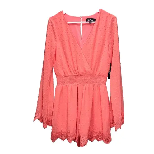 NWT Lulus Meadowlake Coral Orange Swiss Dot Lace Bell Sleeve Romper Size SMALL