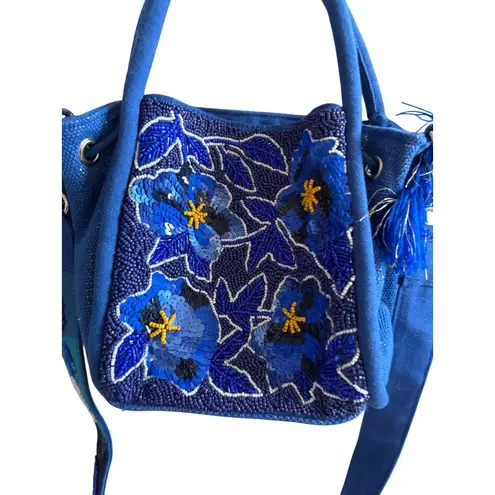 AMERICA & BEYOND Blue Beaded Floral Satchel Crossbody Bag