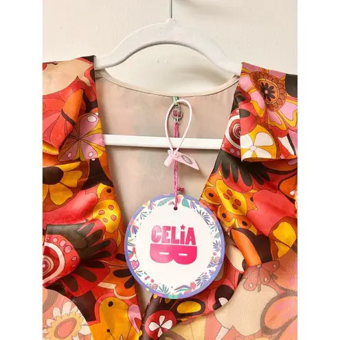 NWT Celia B Sinai Silk Blend Floral Puff Sleeve Mini Dress Orange Women's Size M Size M