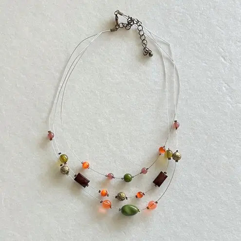 Handmade Beaded Layered Illusion Wire Necklace Orange Green Fall Tiered Boho 15-18.5” Adj
