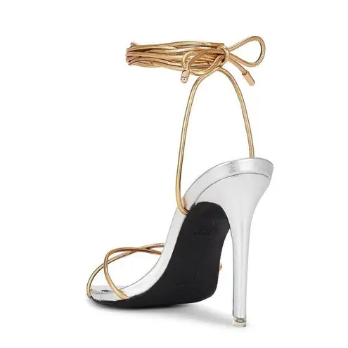 Black Suede Studio Talia Heel Pointy Sandal in Silver Gold 39 New with Box Women Size 8