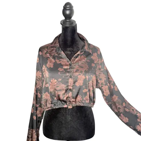 Just Polly Oriental Asian Dragon Crop Top Size XL Floral Black Long Sleeve