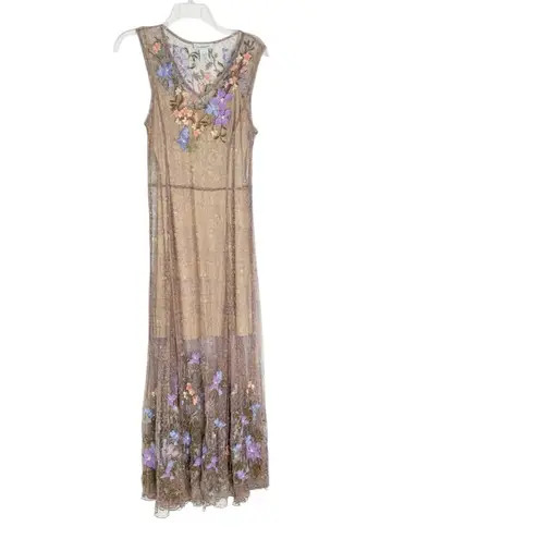 Sundance Embroidered Mesh Midi Dress Beige Size S