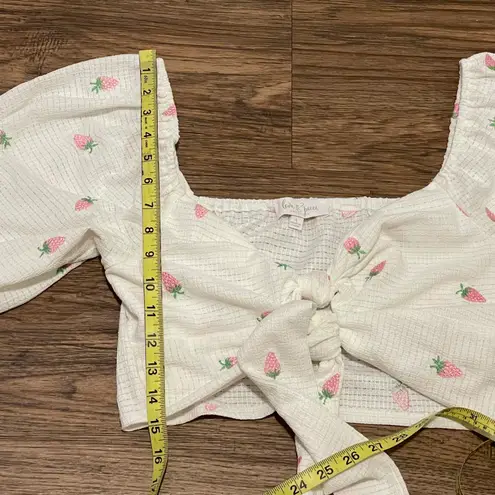 Love & Piece Strawberry Printed 5/8 Sleeve Waist Tie Crop Top White Pink Large