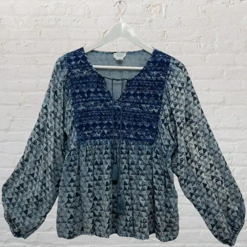 Sigrid Olsen Peasant Top M Blue Embroidered Tassel Tie Neck Balloon Sleeve