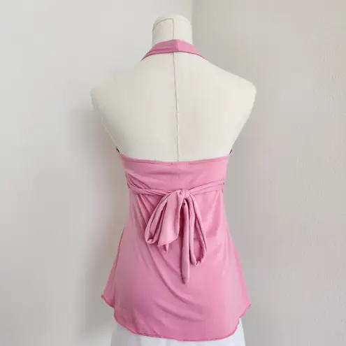 Y2K No Boundaries Pink Halter Top Beaded Rhinestone Front Detail Tank S