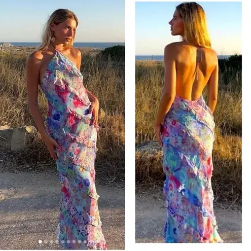 ZARA Bloggers Fav Ruffle Halter Maxi Dress Multicolor Size Large Open Back