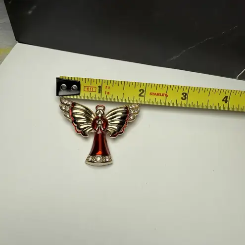 Monet Winged Angel Red Enamel Rhinestone Brooch Pin Gold Tone Signed