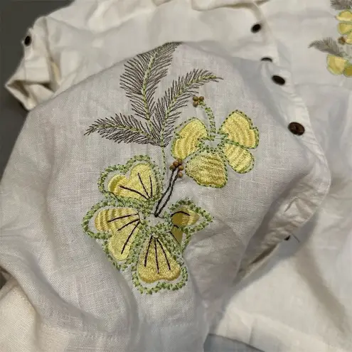 JM Collection Women's Floral Linen Embroidered Button-Up Shirt Size 12