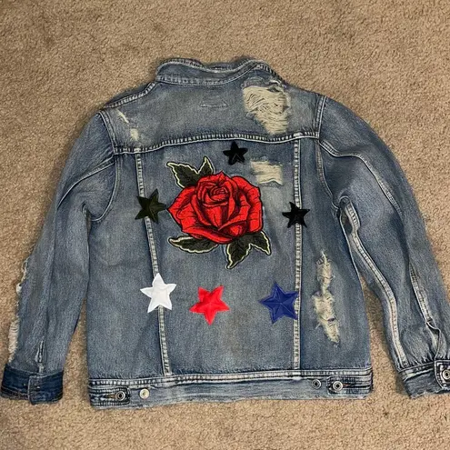Signature 8 embellished denim jean jacket rose patch, bead peace rips and tears Blue