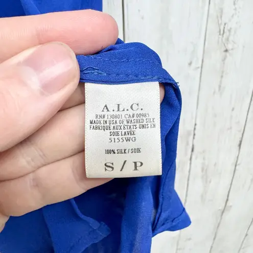 ALC Frank A.L.C. Shirt Women Size Small Blue Silk Sleeveless Tank Blouse Black Trim Detail