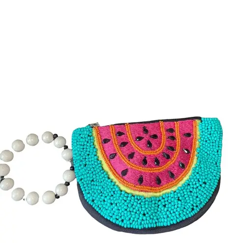 Neiman Marcus Beaded Embroidered Watermelon Slice Zippered Wristlet 7" Length