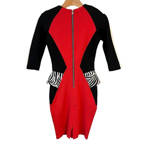 River Island Dress Womens 6 Red Black 3/4 Sleeve Peplum Pencil Cocktail Office