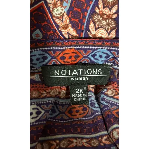 Notations  Woman V-Neck Floral Button Front Long Sleeve Ties‎ at Hem Size 2X