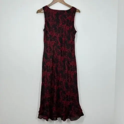 Vintage 90s Studio 1 Red Black Floral Ruffle Trim Midi Dress Grunge Indie Goth Size 10