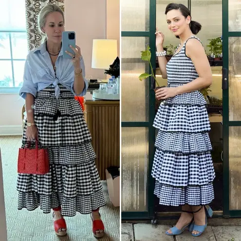 Hunter Bell Andrea Dress Black White Gingham Tiered Midi Size 4